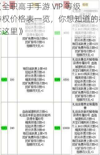 《全职高手手游 VIP 等级特权价格表一览,你想知道的都在这里》